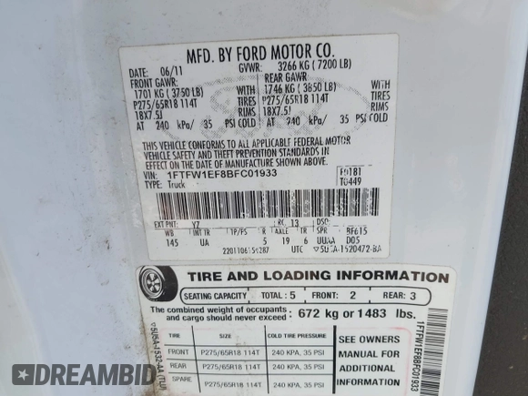 2011 Ford F-150 XL with VIN 1FTFW1EF8BFC01933, listed as a IAAI auction lot 41870275 with 293,384 mi miles and . Bid and sale history available at DreamBid. Image 9.