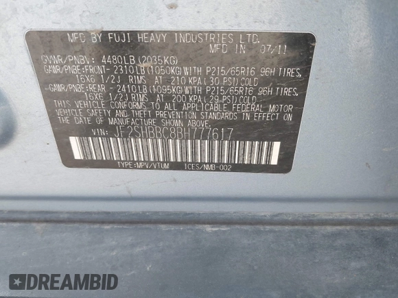 2011 Subaru Forester X with VIN JF2SHBBC8BH777617, listed as a IAAI auction lot 42011038 with 82,059 mi miles and . Bid and sale history available at DreamBid. Image 9.