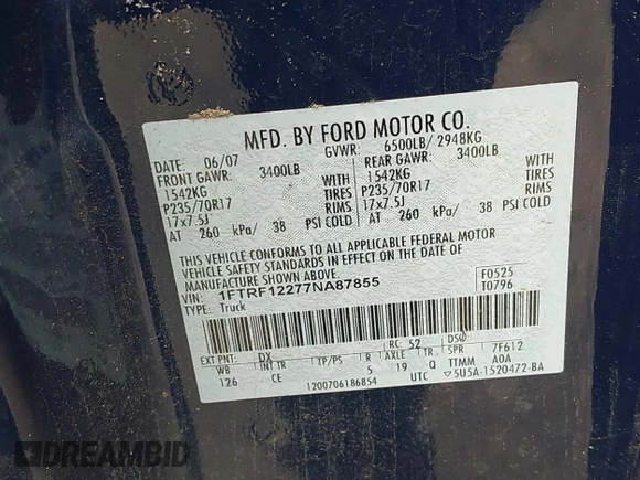2007 Ford F-150 XL with VIN 1FTRF12277NA87855, listed as a IAAI auction lot 42375166 with Not provided miles and . Bid and sale history available at DreamBid. Image 9.