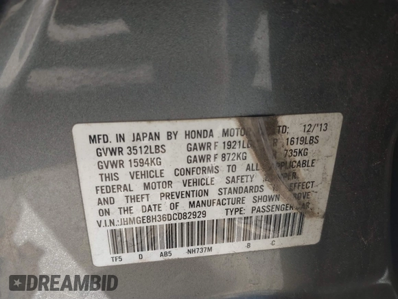 2013 Honda Fit with VIN JHMGE8H36DC082929, listed as a IAAI auction lot 41824801 with 55,858 mi miles. Bid and sale history available at carsss.com. Image 9.