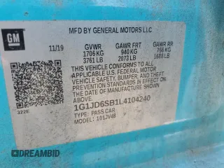 2020 Chevrolet Sonic LT with VIN 1G1JD6SB1L4104240, listed as a Copart auction lot 59625415 with 79,079 mi miles and Salvage title. Bid and sale history available at DreamBid. Image 12.