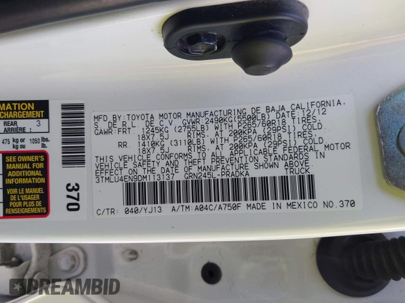 2013 Toyota Tacoma with VIN 3TMLU4EN9DM113137, listed as a IAAI auction lot 41709140 with 57,704 mi miles and . Bid and sale history available at DreamBid. Image 9.