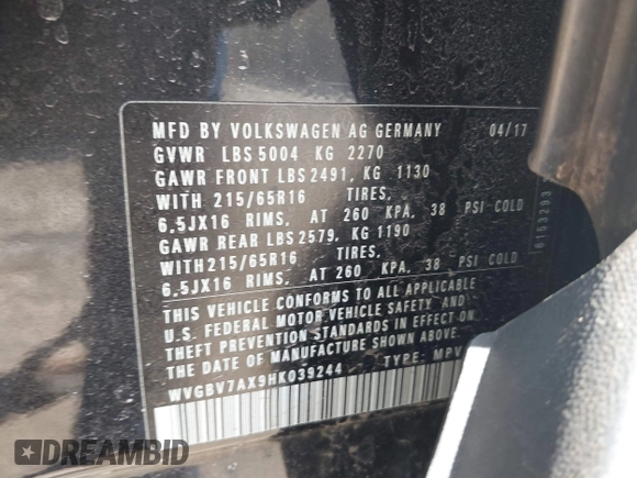 2017 Volkswagen Tiguan S with VIN WVGBV7AX9HK039244, listed as a IAAI auction lot 42050325 with 70,828 mi miles and . Bid and sale history available at DreamBid. Image 9.