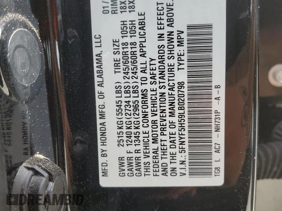 2020 Honda Pilot EX-L с VIN 5FNYF5H59LB020798, выставлен на аукционе Copart как лот 51517995 с пробегом 46 882 миль миль и Списание • Salvage title. История ставок и продаж доступна на DreamBid. Изображение 13.