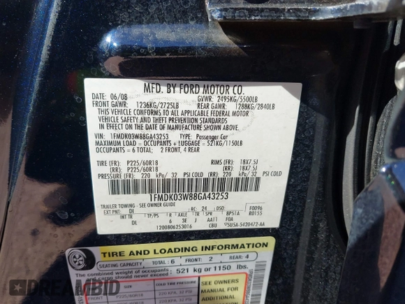 2008 Ford Taurus X Limited with VIN 1FMDK03W88GA43253, listed as a IAAI auction lot 41861548 with 100,464 mi miles and . Bid and sale history available at DreamBid. Image 9.