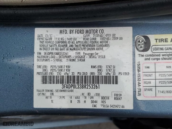 2011 Ford Fusion Hybrid with VIN 3FADP0L33BR253261, listed as a Copart auction lot 59008324 with 100,746 mi miles and Salvage Title. Bid and sale history available at carsss.com. Image 12.