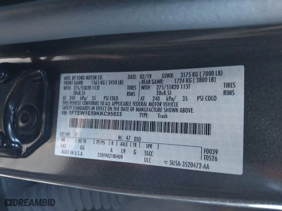 2019 Ford F-150 XL with VIN 1FTEW1E59KKC95833, listed as a IAAI auction lot 41329570 with 61,429 mi miles. Bid and sale history available at carsss.com. Image 9.