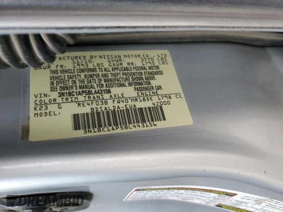 2011 Nissan Versa S with VIN 3N1BC1AP5BL443156, listed as a Copart auction lot 43229085 with 111,165 mi miles and Salvage title. Bid and sale history available at DreamBid. Image 15.