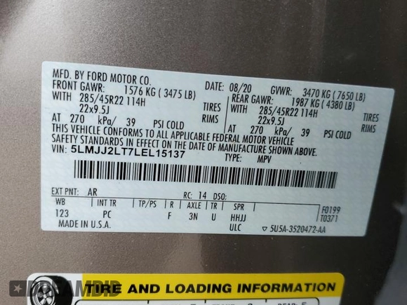 2020 Lincoln Navigator Reserve z VIN 5LMJJ2LT7LEL15137, wystawiony jako Copart lot #86617784 z przebiegiem 55 464 mil mil oraz Szkoda całkowita • Salvage title. Historia ofert i sprzedaży dostępna na DreamBid. Obrazek 14.