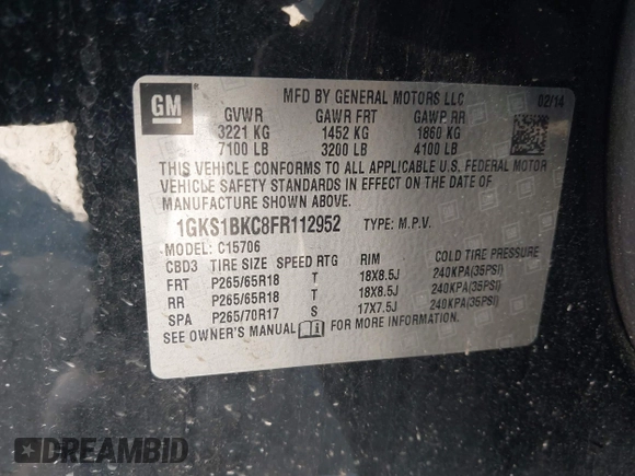 2015 GMC Yukon SLT z VIN 1GKS1BKC8FR112952, wystawiony jako IAAI lot #41836398 z przebiegiem 155 329 mil mil oraz . Historia ofert i sprzedaży dostępna na DreamBid. Obrazek 9.