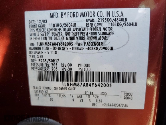 2004 Lincoln LS w/Sport Pkg with VIN 1LNHM87A84Y642005, listed as a Copart auction lot 55619475 with 98,859 mi miles and Clean Title. Bid and sale history available at carsss.com. Image 12.