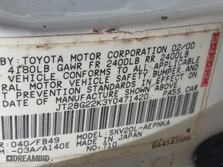 2000 Toyota Camry CE with VIN JT2BG22K3Y0471420, listed as a IAAI auction lot 42042973 with 1 mi miles. Bid and sale history available at carsss.com. Image 9.