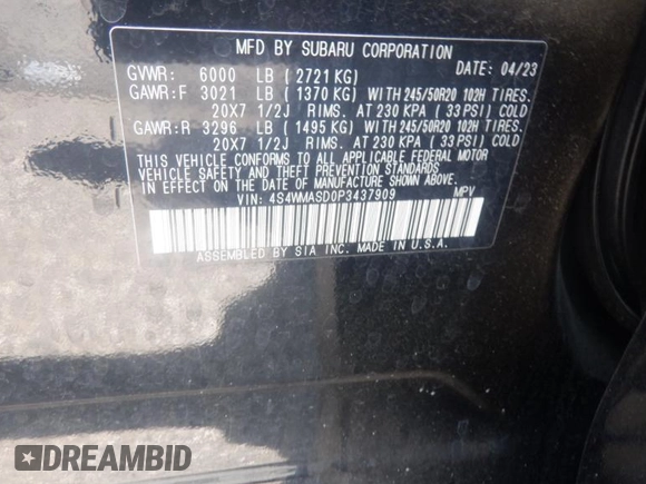 2023 Subaru Ascent Limited с VIN 4S4WMASD0P3437909, выставлен на аукционе IAAI как лот 42572601 с пробегом 76 798 миль миль и . История ставок и продаж доступна на DreamBid. Изображение 6.