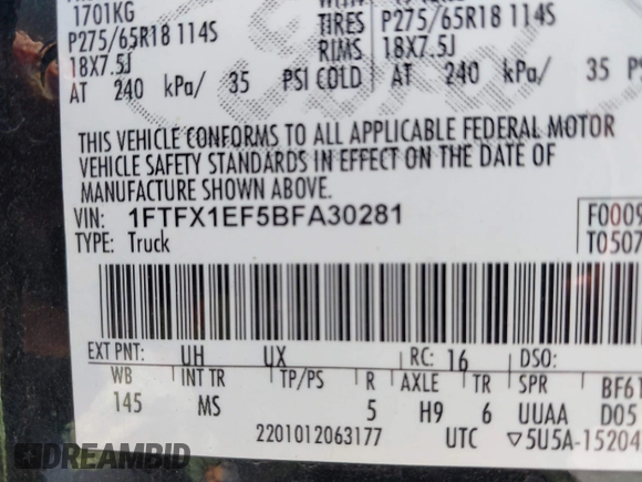 2011 Ford F-150 XL with VIN 1FTFX1EF5BFA30281, listed as a IAAI auction lot 42638798 with 194,071 mi miles and . Bid and sale history available at DreamBid. Image 9.