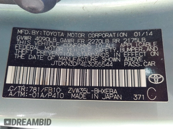 2014 Toyota Prius with VIN JTDKN3DP4E3055544, listed as a IAAI auction lot 42553870 with 94,335 mi miles and . Bid and sale history available at DreamBid. Image 9.
