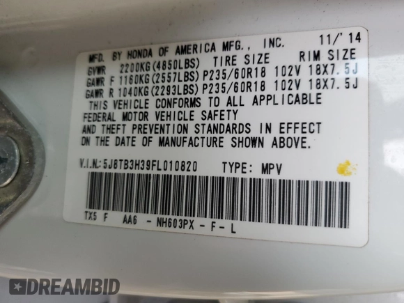 2015 Acura RDX with VIN 5J8TB3H39FL010820, listed as a Copart auction lot 88199065 with 123,508 mi miles and Salvage Title. Bid and sale history available at DreamBid. Image 15.