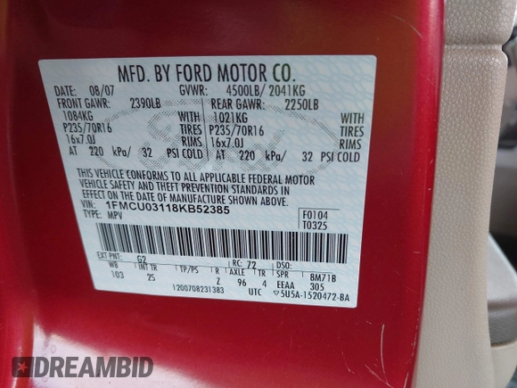 2008 Ford Escape XLT with VIN 1FMCU03118KB52385, listed as a IAAI auction lot 42682432 with 226,149 mi miles and . Bid and sale history available at DreamBid. Image 9.