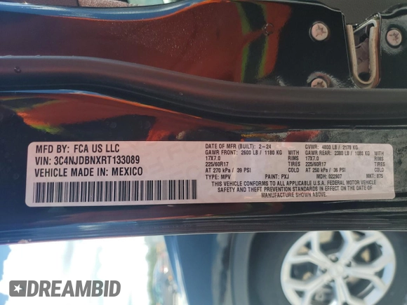 2024 Jeep Compass Latitude z VIN 3C4NJDBNXRT133089, wystawiony jako Copart lot #56872625 z przebiegiem 25 282 mil mil oraz Nie do naprawy • Non repairable. Historia ofert i sprzedaży dostępna na DreamBid. Obrazek 14.