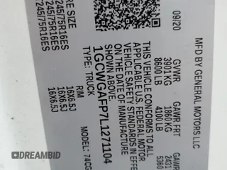 2020 Chevrolet Express Cargo with VIN 1GCWGAFP7L1271104, listed as a Copart auction lot 50661145 with Not provided miles and Salvage title. Bid and sale history available at DreamBid. Image 13.