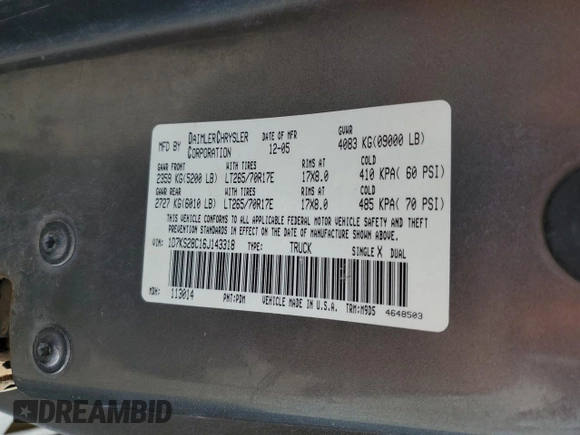 2006 Dodge 2500 SLT with VIN 1D7KS28C16J143318, listed as a Copart auction lot 53907235 with 269,764 mi miles and Salvage Title. Bid and sale history available at carsss.com. Image 12.