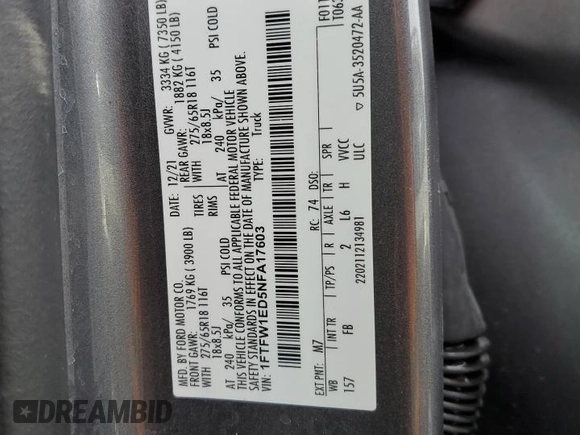 2022 Ford F-150 XL с VIN 1FTFW1ED5NFA17603, выставлен на аукционе Copart как лот 47524765 с пробегом 65 753 миль миль и Списание • Salvage title. История ставок и продаж доступна на DreamBid. Изображение 12.