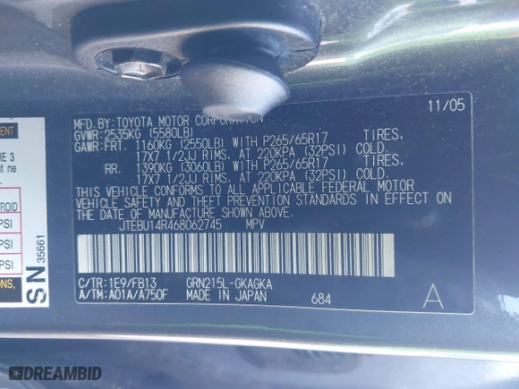 2006 Toyota 4Runner SR5 with VIN JTEBU14R468062745, listed as a IAAI auction lot 41389798 with 201,598 mi miles. Bid and sale history available at carsss.com. Image 9.