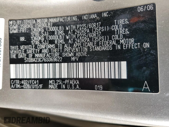 2006 Toyota Sienna LE with VIN 5TDBA23C76S069622, listed as a Copart auction lot 88536255 with 203,331 mi miles and Salvage Title. Bid and sale history available at carsss.com. Image 15.