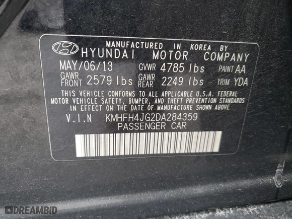 2013 Hyundai Azera with VIN KMHFH4JG2DA284359, listed as a Copart auction lot 42365975 with 132,610 mi miles and Salvage Title. Bid and sale history available at carsss.com. Image 12.
