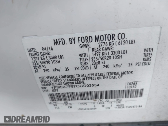 2016 Ford Explorer Limited with VIN 1FM5K7F87GGD03554, listed as a IAAI auction lot 41999901 with 165,359 mi miles and . Bid and sale history available at DreamBid. Image 9.