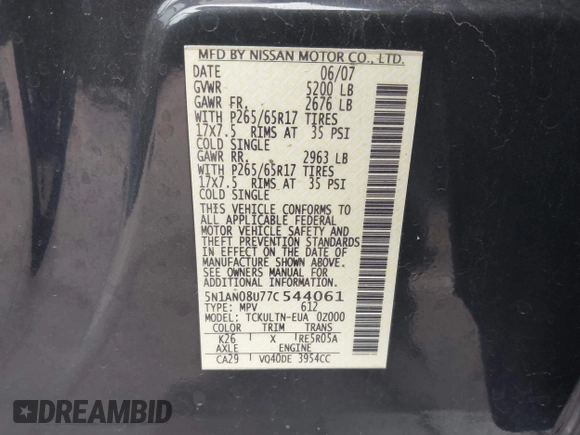 2007 Nissan Xterra SE with VIN 5N1AN08U77C544061, listed as a IAAI auction lot 42030234 with 181,798 mi miles and . Bid and sale history available at DreamBid. Image 9.