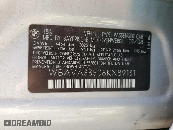 2008 BMW 3 Series 328i with VIN WBAVA33508KX89131, listed as a Copart auction lot 51995325 with 148,735 mi miles and Salvage title. Bid and sale history available at DreamBid. Image 12.