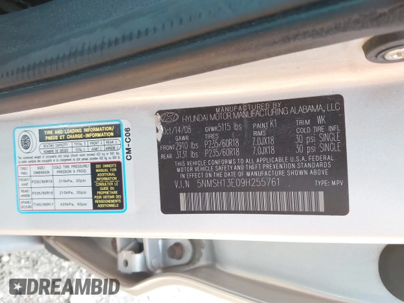 2009 Hyundai Santa Fe SE z VIN 5NMSH13E09H255761, wystawiony jako IAAI lot #42419450 z przebiegiem 252 937 mil mil oraz . Historia ofert i sprzedaży dostępna na DreamBid. Obrazek 9.