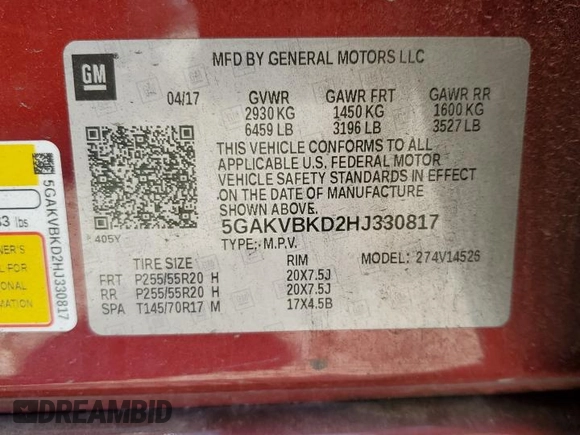 2017 Buick Enclave Leather with VIN 5GAKVBKD2HJ330817, listed as a Copart auction lot 47010655 with 108,923 mi miles and Salvage Title. Bid and sale history available at DreamBid. Image 13.
