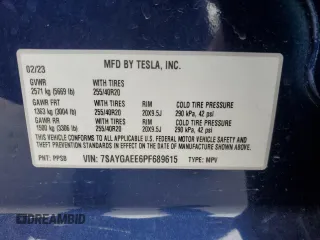 2023 Tesla Model Y Long Range with VIN 7SAYGAEE6PF689615, listed as a Copart auction lot 50999385 with 16,514 mi miles and Salvage Title. Bid and sale history available at DreamBid. Image 14.