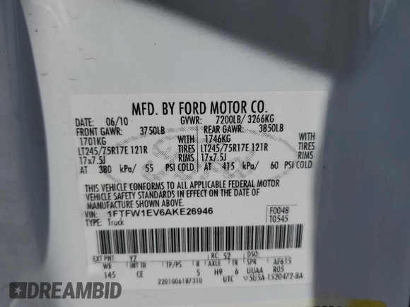 2010 Ford F-150 XL with VIN 1FTFW1EV6AKE26946, listed as a Copart auction lot 53942875 with 217,777 mi miles and Salvage Title. Bid and sale history available at carsss.com. Image 12.
