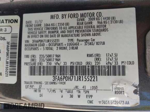 2018 Ford Fusion SE z VIN 3FA6P0H71JR155221, wystawiony jako IAAI lot #42145081 z przebiegiem 189 367 mil mil oraz . Historia ofert i sprzedaży dostępna na DreamBid. Obrazek 9.