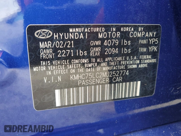 2021 Hyundai Ioniq SE with VIN KMHC75LC2MU252774, listed as a Copart auction lot 47919995 with 84,028 mi miles and Non Repairable. Bid and sale history available at DreamBid. Image 12.