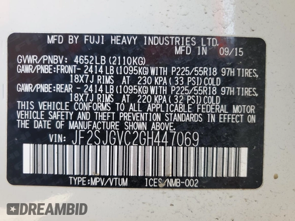 2016 Subaru Forester XT Touring with VIN JF2SJGVC2GH447069, listed as a Copart auction lot 61259625 with 94,499 mi miles and Salvage title. Bid and sale history available at DreamBid. Image 12.
