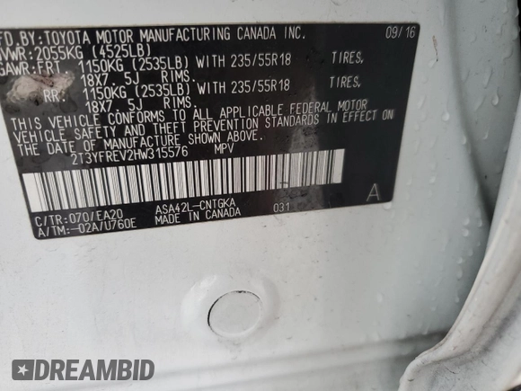 2017 Toyota RAV4 Limited with VIN 2T3YFREV2HW315576, listed as a Copart auction lot 85927634 with 126,617 mi miles and Salvage Title. Bid and sale history available at DreamBid. Image 12.