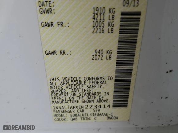 2014 Nissan Altima 2.5 S with VIN 1N4AL3APXEN223414, listed as a Copart auction lot 49613355 with 178,011 mi miles and Salvage Title. Bid and sale history available at carsss.com. Image 12.