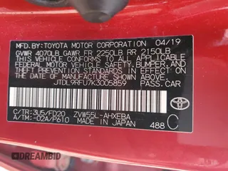 2019 Toyota Prius LE with VIN JTDL9RFU7K3005859, listed as a Copart auction lot 61030765 with 74,022 mi miles and Salvage title. Bid and sale history available at DreamBid. Image 12.