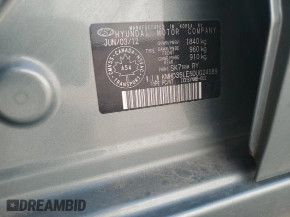 2013 Hyundai Elantra with VIN KMHD35LE5DU024589, listed as a Copart auction lot 60716865 with 154,361 mi miles and Clean title. Bid and sale history available at DreamBid. Image 13.
