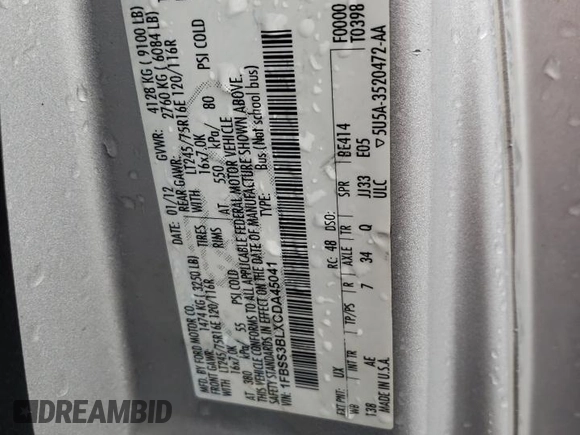 2012 Ford Econoline Passenger XL z VIN 1FBSS3BLXCDA45041, wystawiony jako Copart lot #54742825 z przebiegiem Nie podano mil oraz Szkoda całkowita • Salvage title. Historia ofert i sprzedaży dostępna na DreamBid. Obrazek 13.