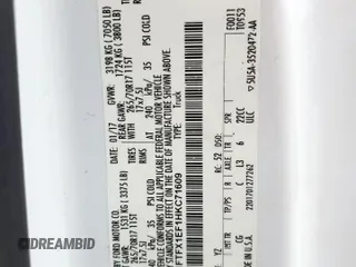 2017 Ford F-150 XL с VIN 1FTFX1EF1HKC71609, выставлен на аукционе Copart как лот 59606385 с пробегом Не указан миль и Списание • Salvage title. История ставок и продаж доступна на DreamBid. Изображение 12.