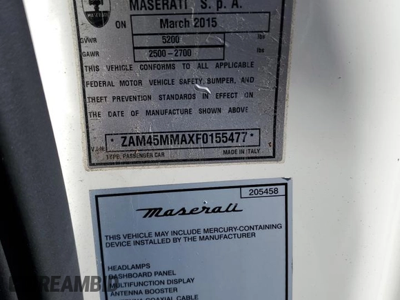 2015 Maserati GranTurismo Sport with VIN ZAM45MMAXF0155477, listed as a Copart auction lot 81116633 with 29,954 mi miles and Salvage title. Bid and sale history available at DreamBid. Image 12.