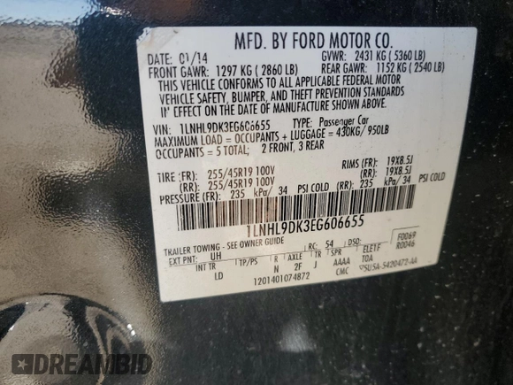 2014 Lincoln MKS z VIN 1LNHL9DK3EG606655, wystawiony jako Copart lot #42008655 z przebiegiem 100 886 mil mil oraz Szkoda całkowita • Salvage title. Historia ofert i sprzedaży dostępna na DreamBid. Obrazek 15.