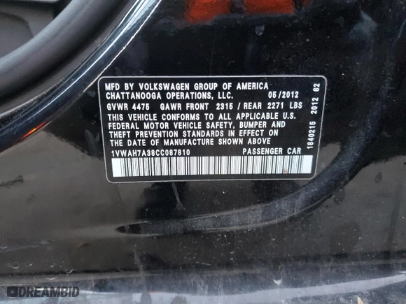 2012 Volkswagen Passat S w/Appearance with VIN 1VWAH7A38CC087810, listed as a Copart auction lot 85665134 with 180,649 mi miles and Salvage Title. Bid and sale history available at carsss.com. Image 14.
