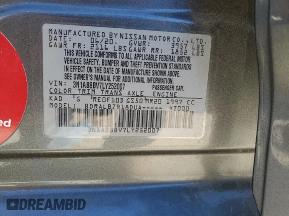 2020 Nissan Sentra S with VIN 3N1AB8BV7LY252007, listed as a Copart auction lot 81673984 with 54,126 mi miles and Salvage Title. Bid and sale history available at carsss.com. Image 12.