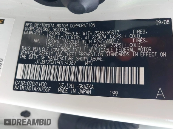 2009 Lexus GX 470 with VIN JTJBT20X190174369, listed as a IAAI auction lot 42663197 with 137,752 mi miles and . Bid and sale history available at DreamBid. Image 9.