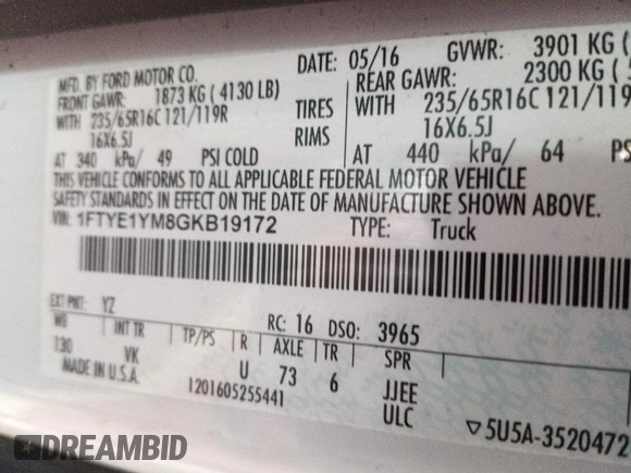 2016 Ford Transit Cargo z VIN 1FTYE1YM8GKB19172, wystawiony jako IAAI lot #42788511 z przebiegiem 143 978 mil mil oraz . Historia ofert i sprzedaży dostępna na DreamBid. Obrazek 19.